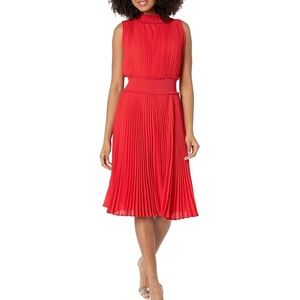 Nanette Lepore Red Smocked Pleated Dress Size 12 Mock Neck Evening Wedding